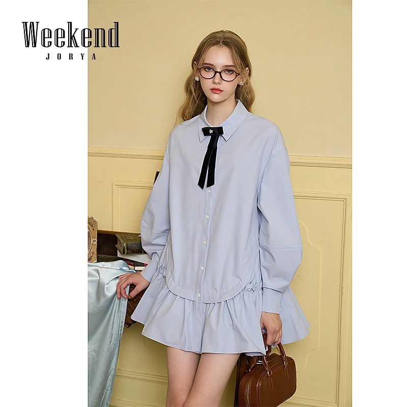 卓雅周末新款尤莱特穿搭学院风拼接荷叶边衬衫连衣裙Q240917B