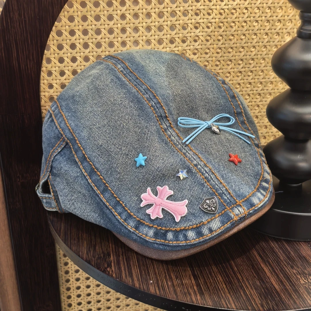 KK158蓝色牛仔蝴蝶结克克闪闪前进帽帽子