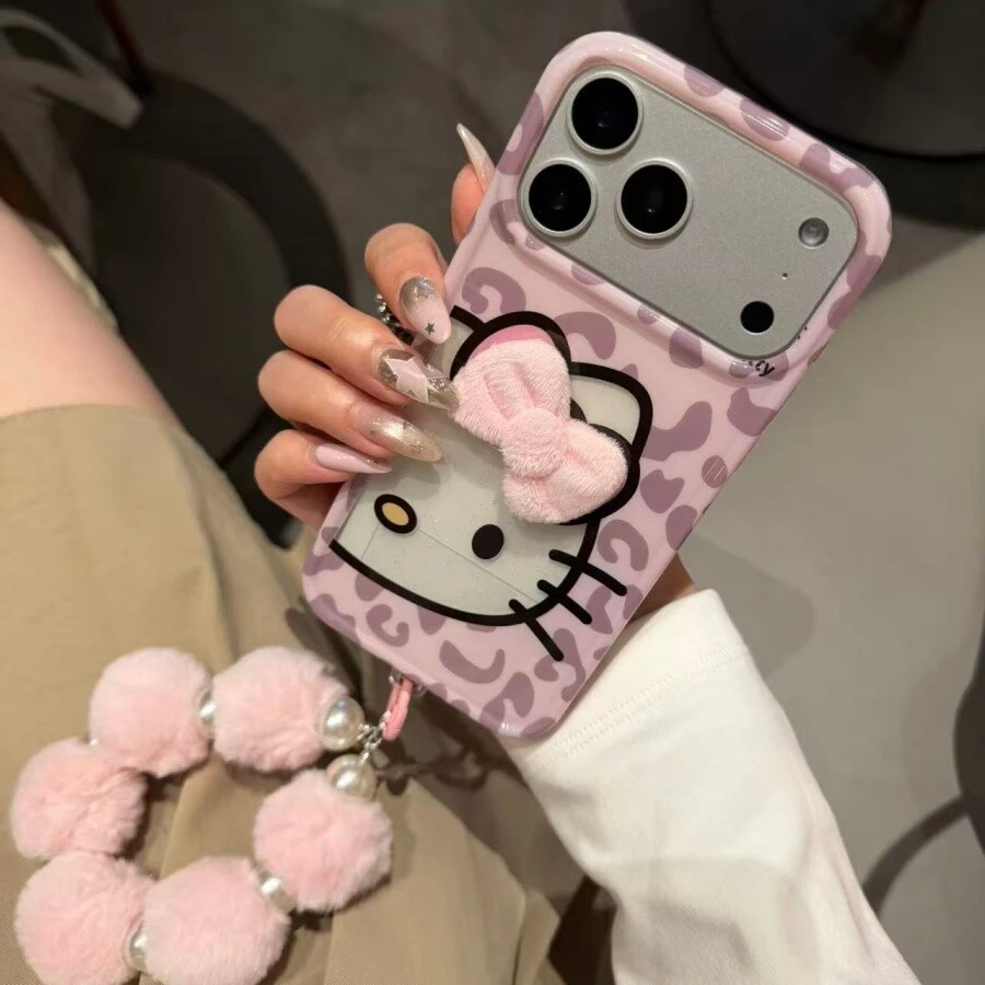 可爱粉紫豹纹半脸kitty猫适用苹果17ProMax手机壳保护套16pro/15
