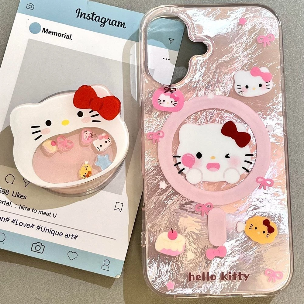 大嘴凯蒂猫适用iphone16手机壳支架冰川纹苹果华为小米磁吸款