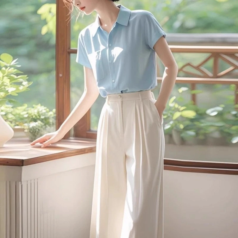 2025新款冷淡系高级感干练气质时尚蓝色衬衫裤子两件套装女装夏季