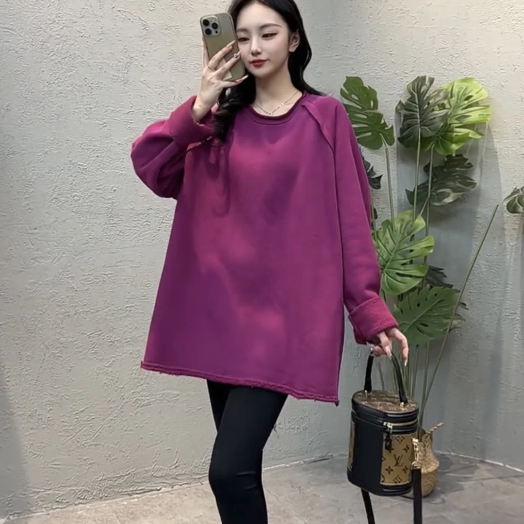 HG806秋冬新款韩版纯棉宽松休闲加绒加厚圆领套头卫衣女