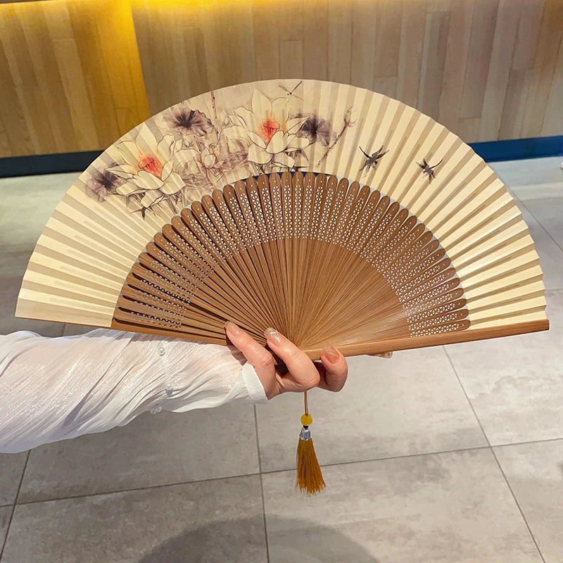 古风扇子国风荷花折叠纸扇高档配汉服女纳凉扇便携新中式竹扇送礼