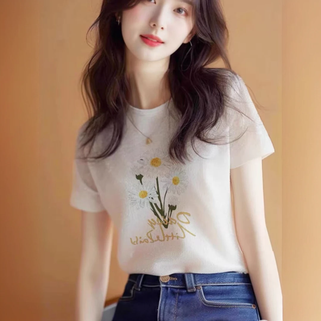 欧若风韩版设计感小众正肩短袖t恤2025夏款气质薄款冰丝针织上衣