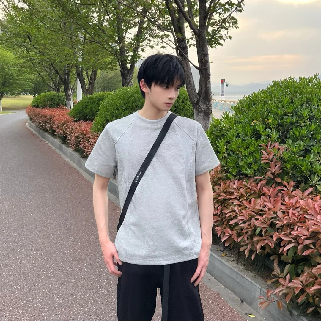 【嘉与】升级款冰感太空棉美式休闲复古螺纹宽松休闲圆领百搭半袖