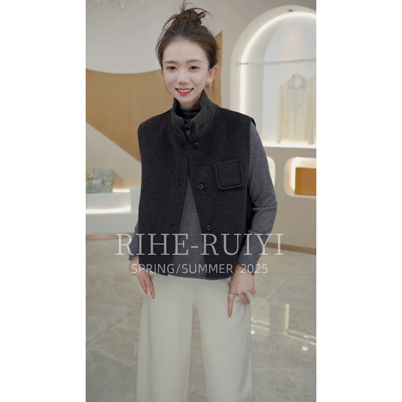 R H 【叠趣】复古时尚简约气质显瘦羊毛羊绒混纺马夹短外套8508-1