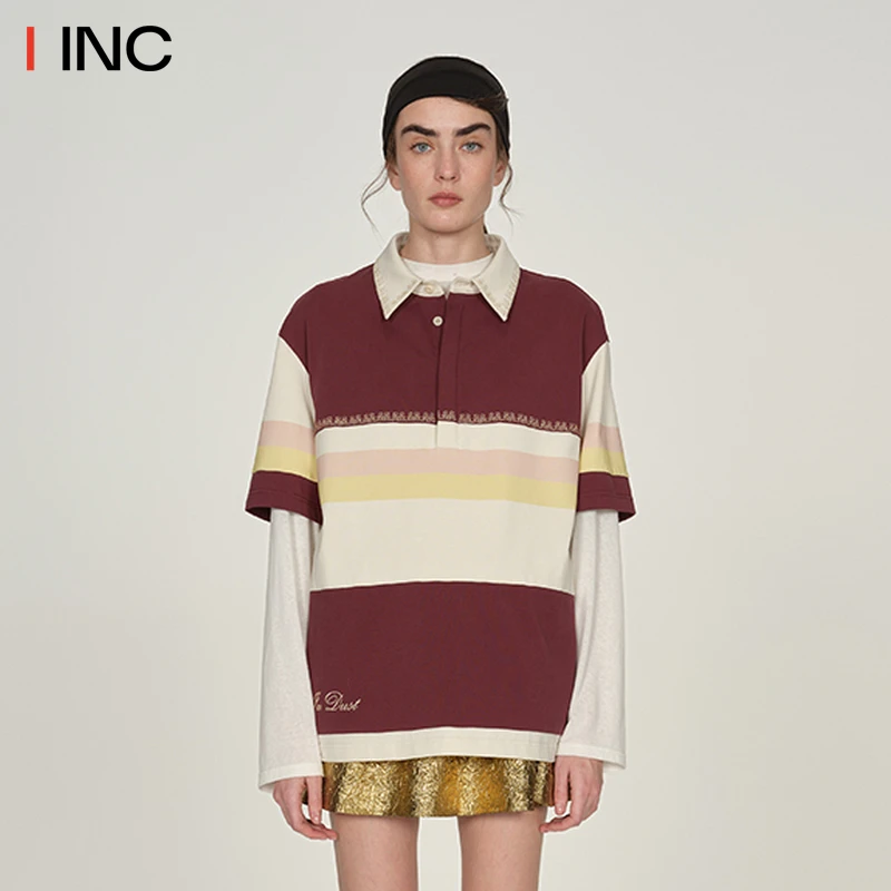 ICEDUST 25PF秋季新款撞色条纹印花短袖POLO衫女翻领T恤上衣IINC