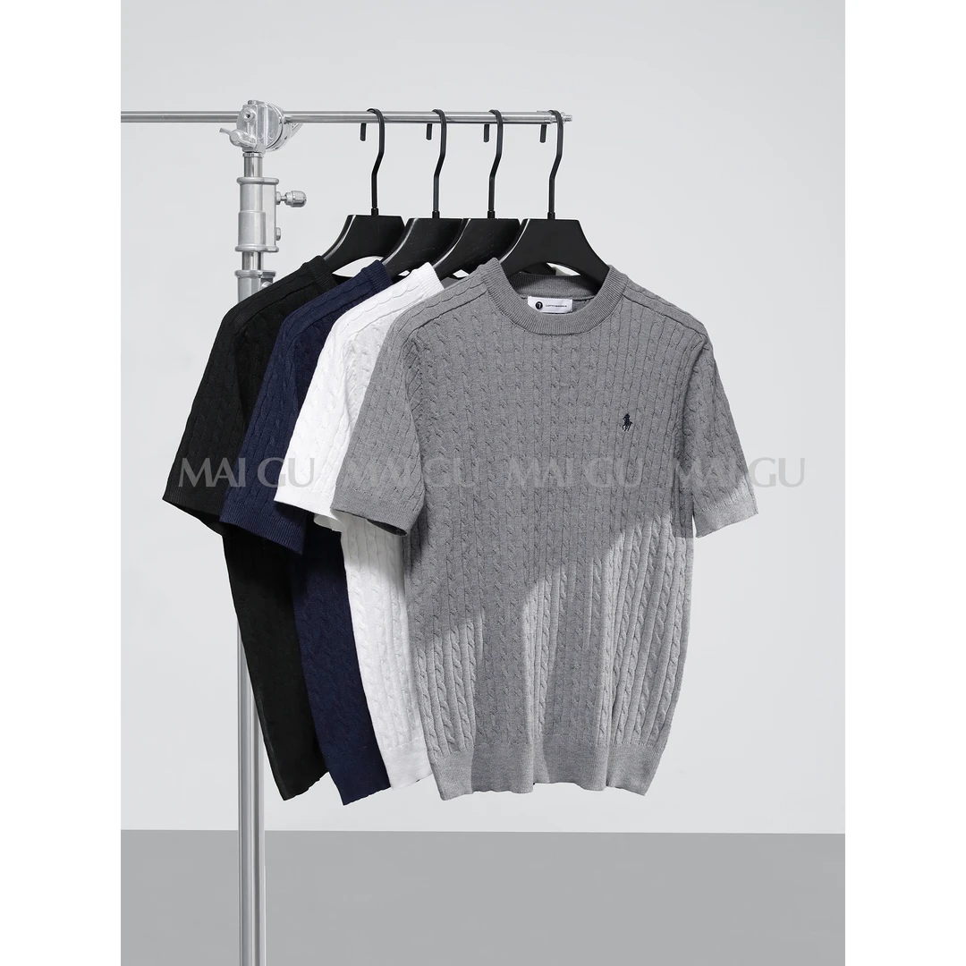 【MAIGU】夏季高定老钱奢感提花工艺刺绣设计圆领羊毛针织短袖男