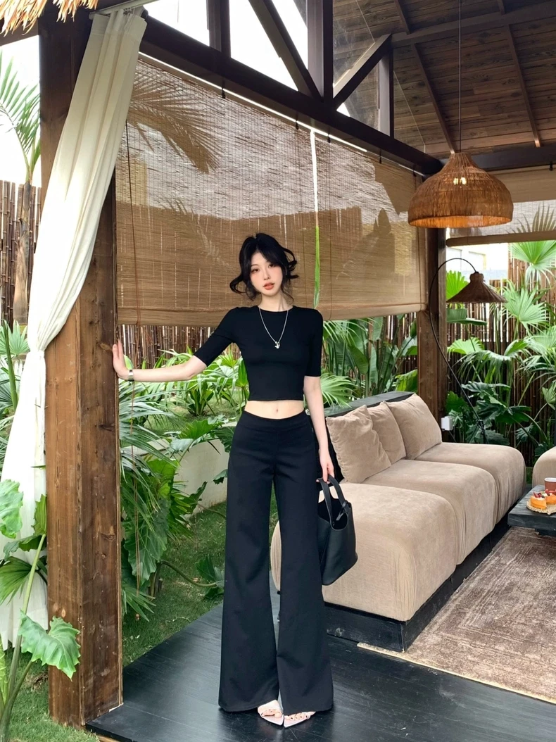 M167 短款露脐修身中袖T恤女夏季2025新款纯欲性感辣妹套装