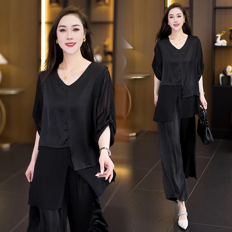 大码慵懒风时尚套装女装宽松洋气衬衫显瘦上衣阔腿裤两件套