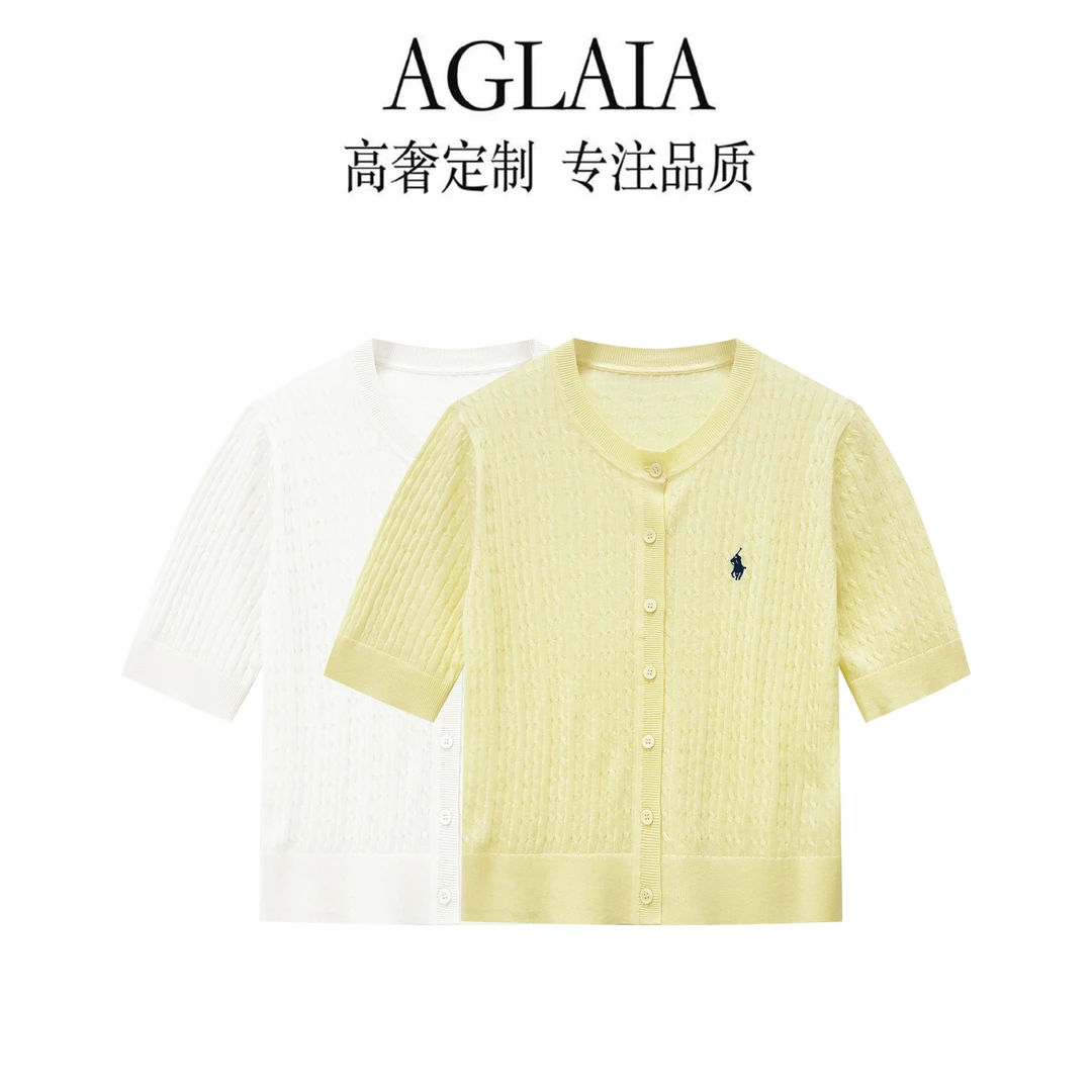 AGLAIA2025夏季圆领中袖开衫纯色针织衫百搭显瘦上衣女6056