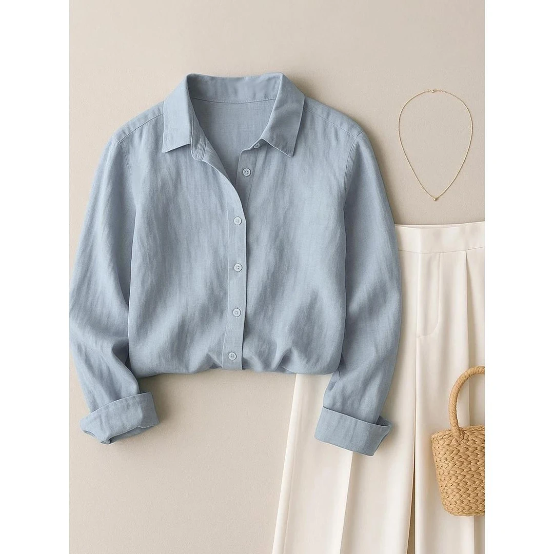 法式宽松休闲纯色棉麻衬衫女春秋新款百搭高级感长袖宽松亚麻衬衣
