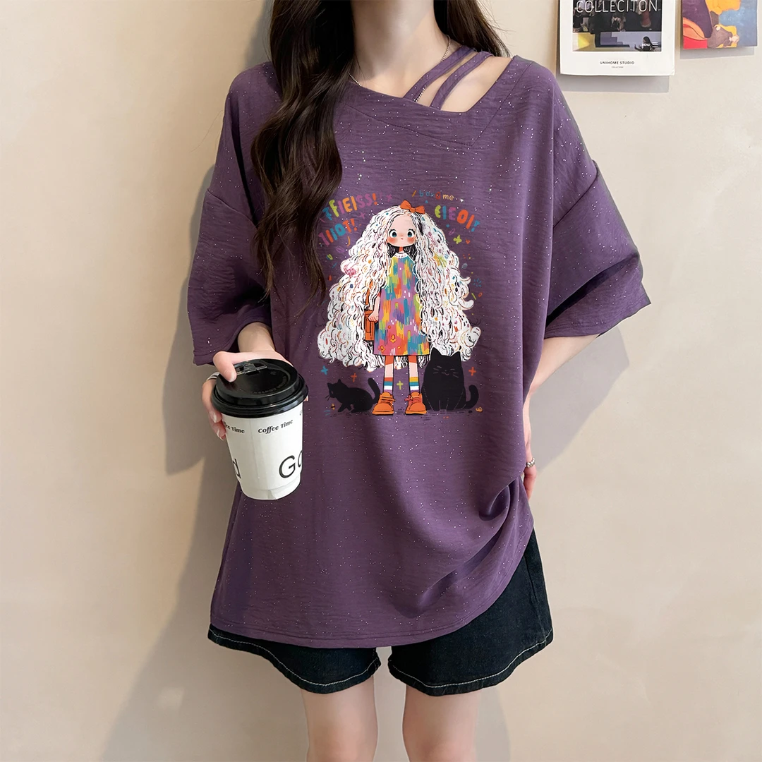 亮闪闪斜领短袖T恤女夏季爆款韩版网红洋气炸街宽松大码百搭上衣