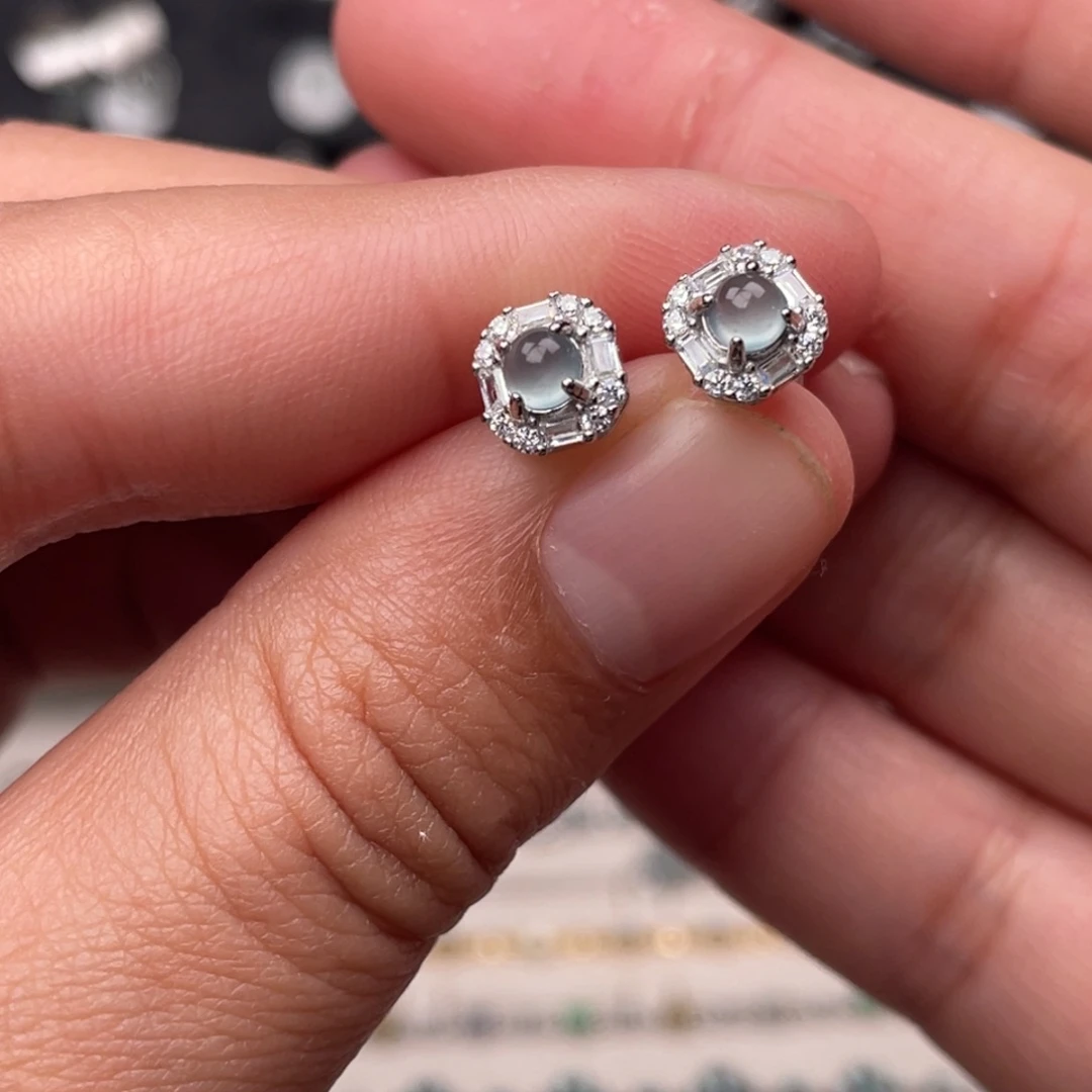 翡翠银S925镶嵌耳饰，