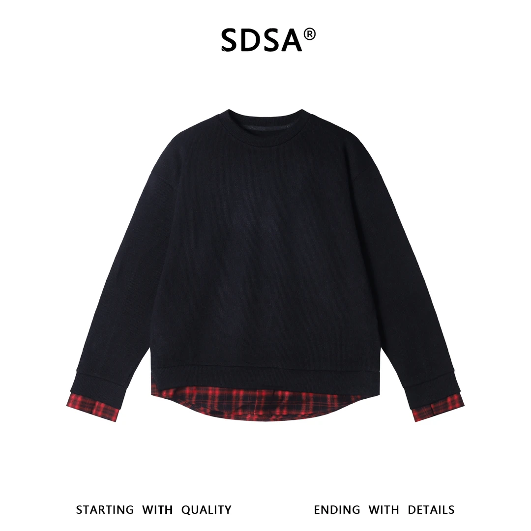 SDSA男士秋冬新款痞帅男装韩版潮牌下摆拼接圆领卫衣百搭时尚上衣