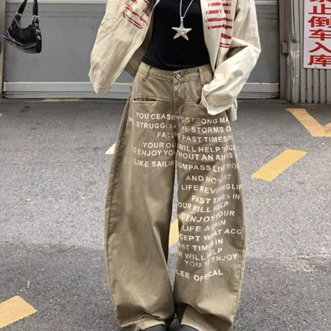 复古美式涂鸦秋季牛仔裤休闲裤百搭小众直筒