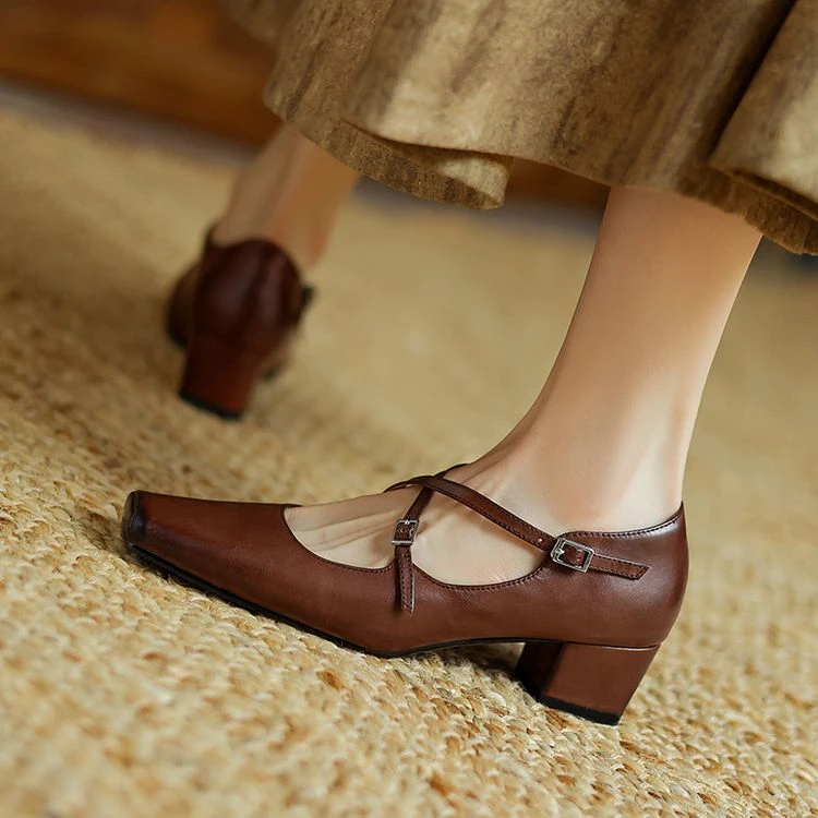 4cm~法式小众交叉绑带玛丽珍女鞋复古方头粗跟低跟方头浅口单鞋女