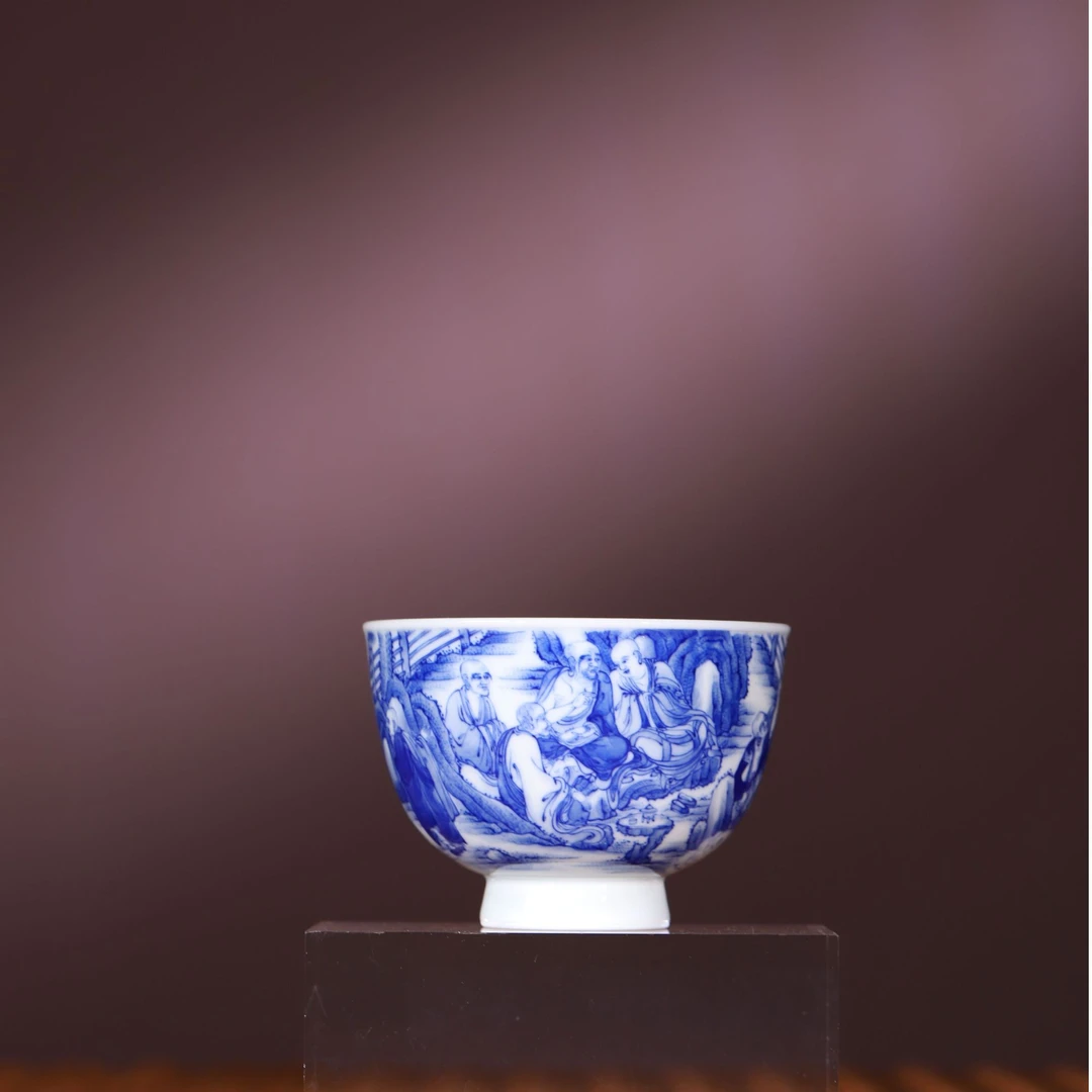 景德镇觉山隐窑 手绘青花瓷器 五百罗汉图清凉杯