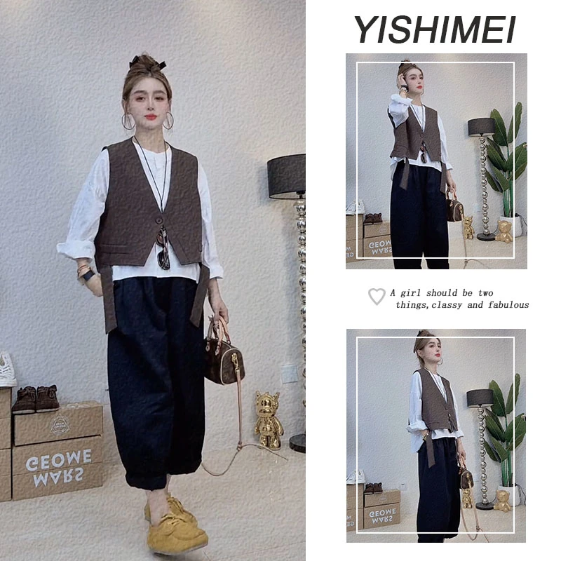 秋季2025新款时尚设计感气质马甲百搭长袖衬衫宽松休闲哈伦裤套装