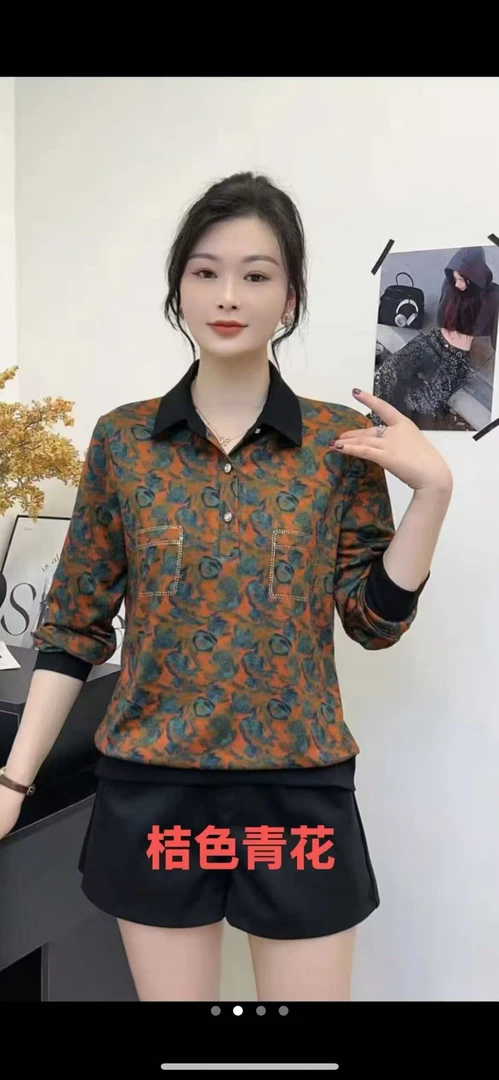 中老年女装时尚秋季翻领晕染休闲宽松显瘦百搭洋气妈妈装长袖上衣