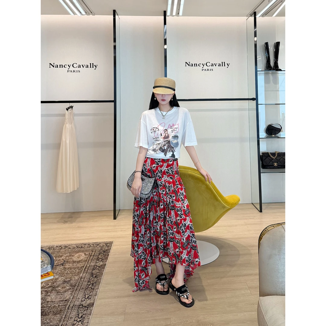 NancyCavally专柜款垂顺高支微光缎 獨家法式时装风印花开叉半裙