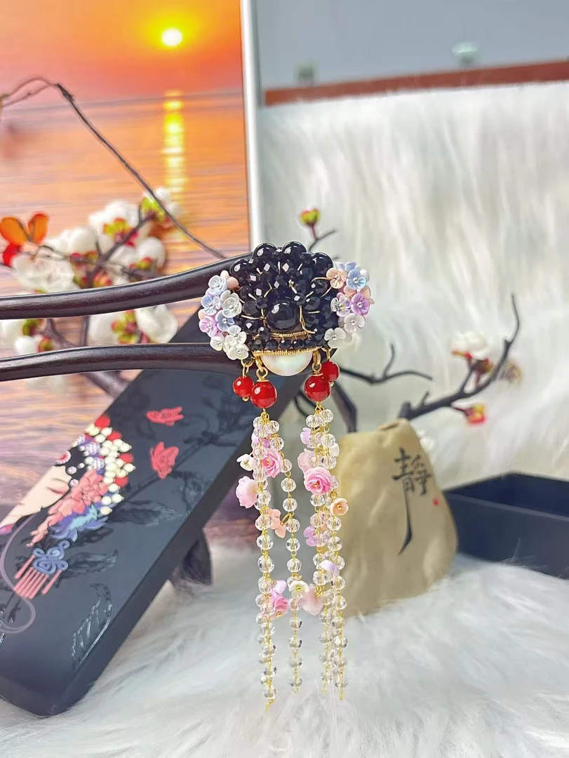 炑歌T6原创双钗黑色刀马旦长流苏百搭款15公分发簪