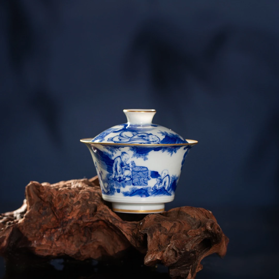 清本源薄胎内印青花·太白烧烤图·马蹄盖碗