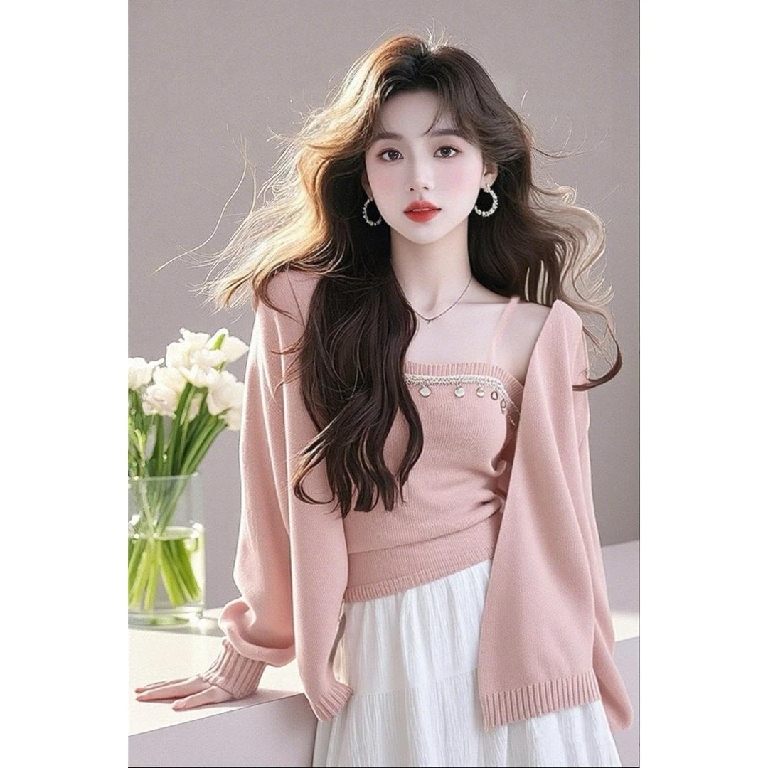 SS2111超火粉色系设计感吊带针织开衫套装宽松显瘦百搭毛衣两件套