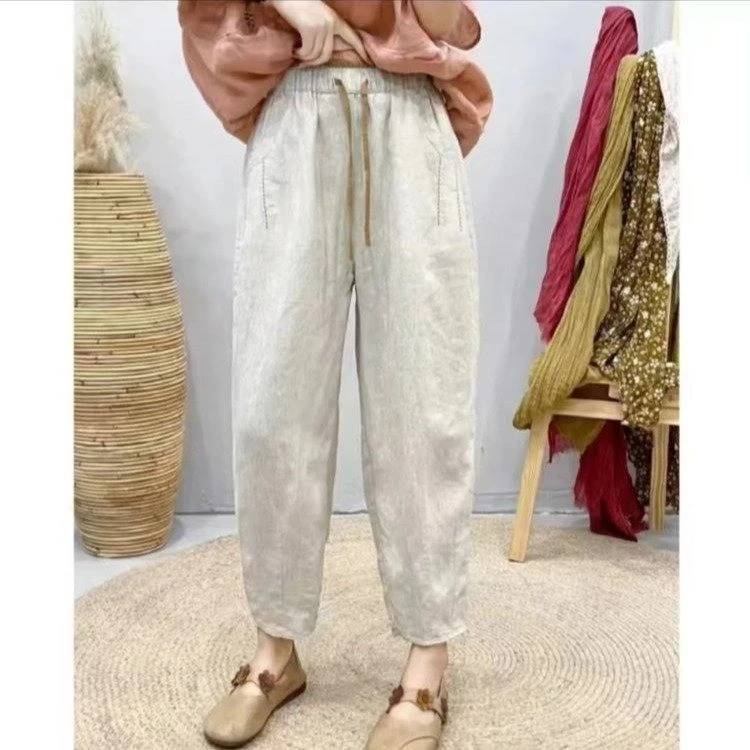 夏季新款妈妈装哈伦裤松紧薄款亚麻休闲裤宽松时尚百搭萝卜裤
