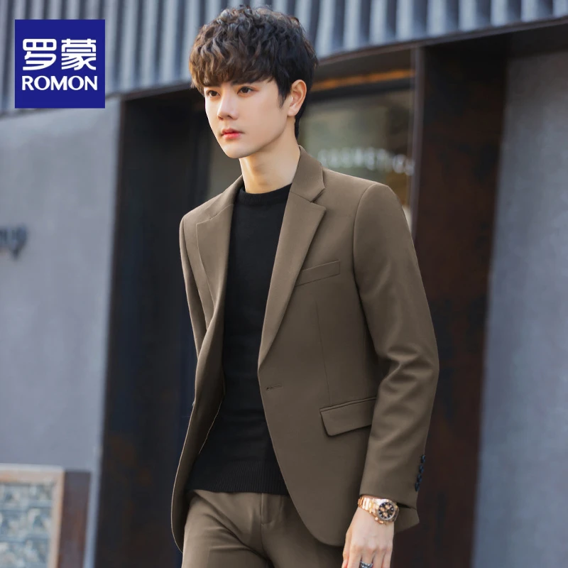 罗蒙黑色西服套装男士休闲小西装秋季修身外套帅气潮流上衣服