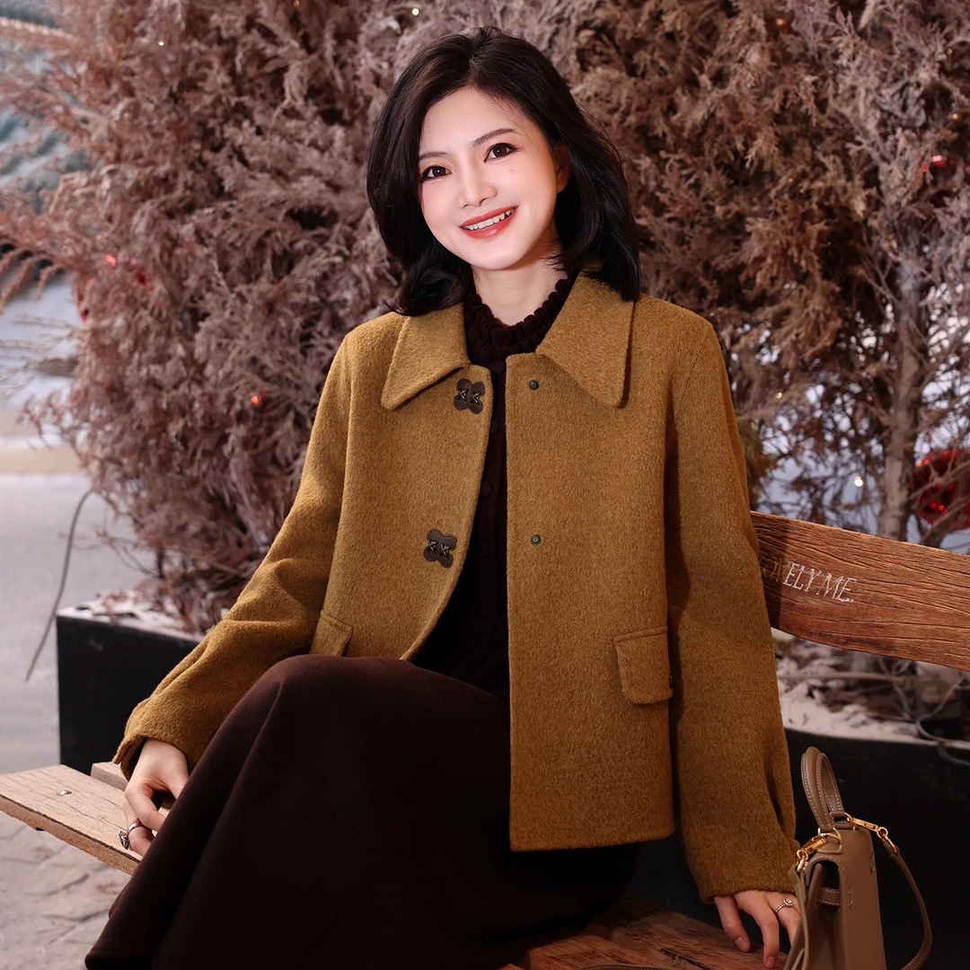 枫竺阿楠anan气质翻领羊毛双面呢短大衣女冬季保暖通勤毛呢外套