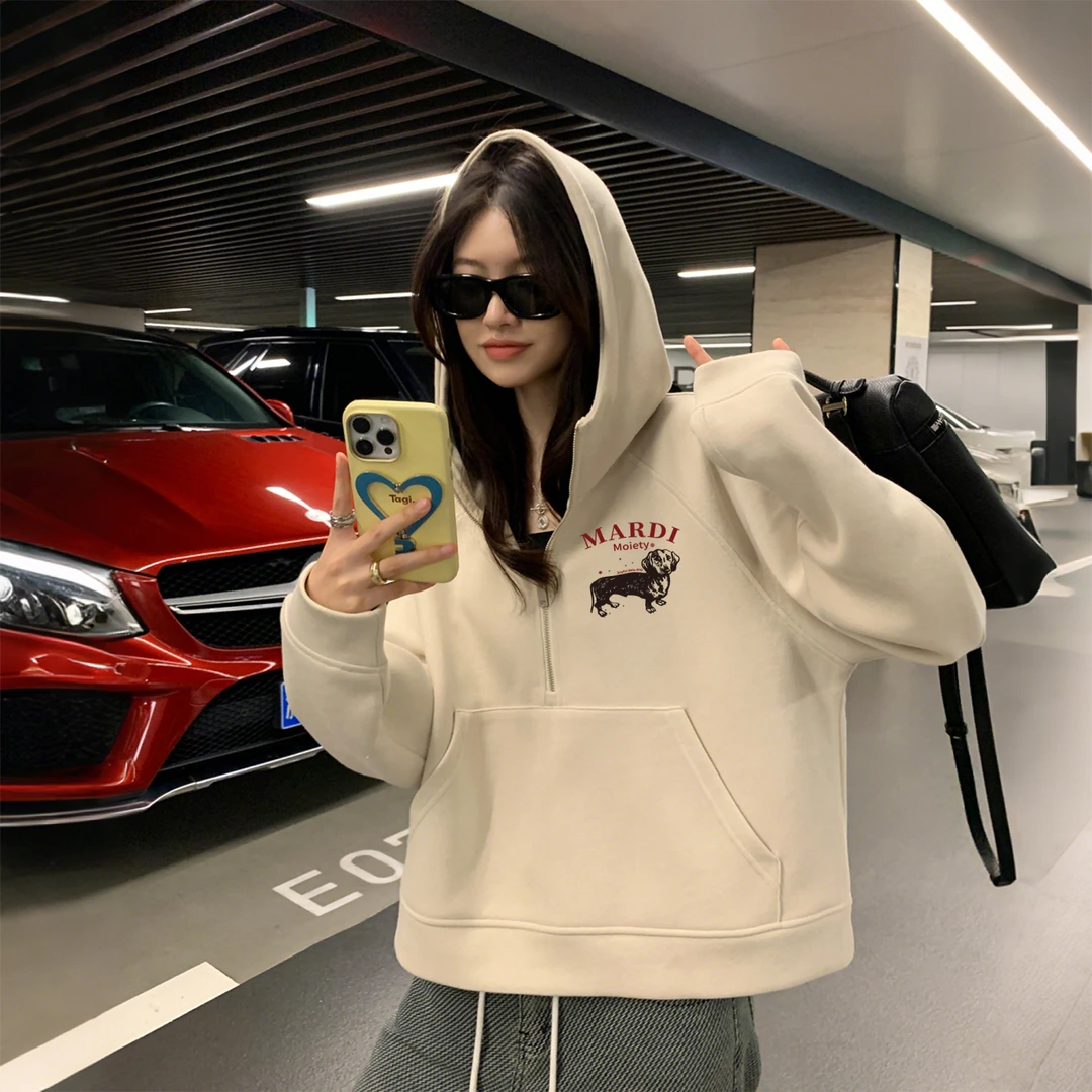 Mardi Moiety腊肠狗连帽美式复古卫衣女秋冬宽松慵懒风设计感上衣