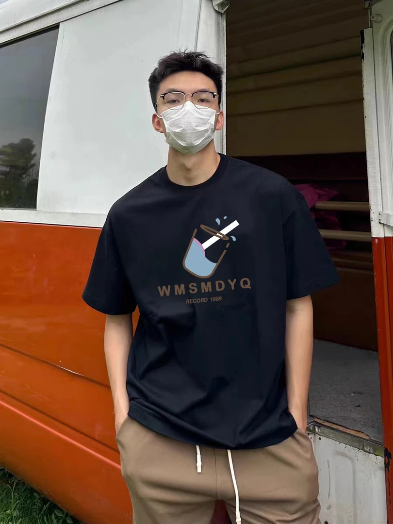 美式ins创意新款简约英文印花重磅纯棉圆领短袖t恤男夏季半袖上衣