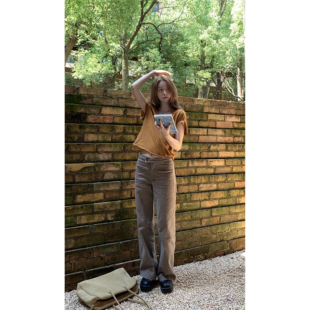 Hellooo Eat 洗水做旧咖色弹力休闲裤EM3250