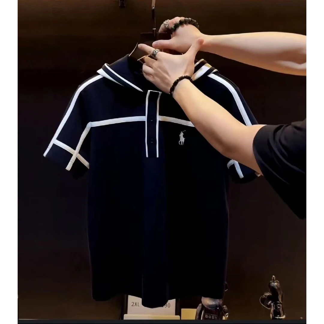 【高品质】欧洲站高定男装上衣25夏季新款ins设计感撞色条纹连帽T恤