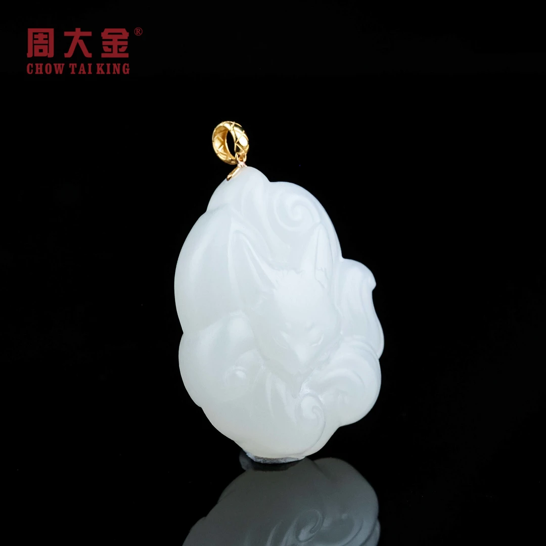 【周大金玉石】18K金和田玉白玉吊坠-D11295-鹤