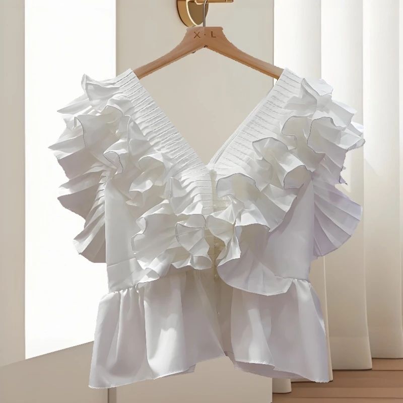 法式洋气精致小众层次荷叶边木耳纯色田园休闲上衣洋气衣服女衬衫