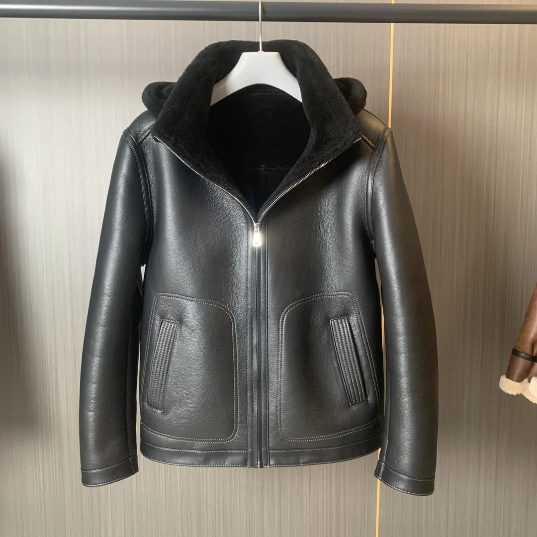 轻奢原生态皮毛一体连帽可拆卸夹克重工皮衣机车服保暖冬季外套