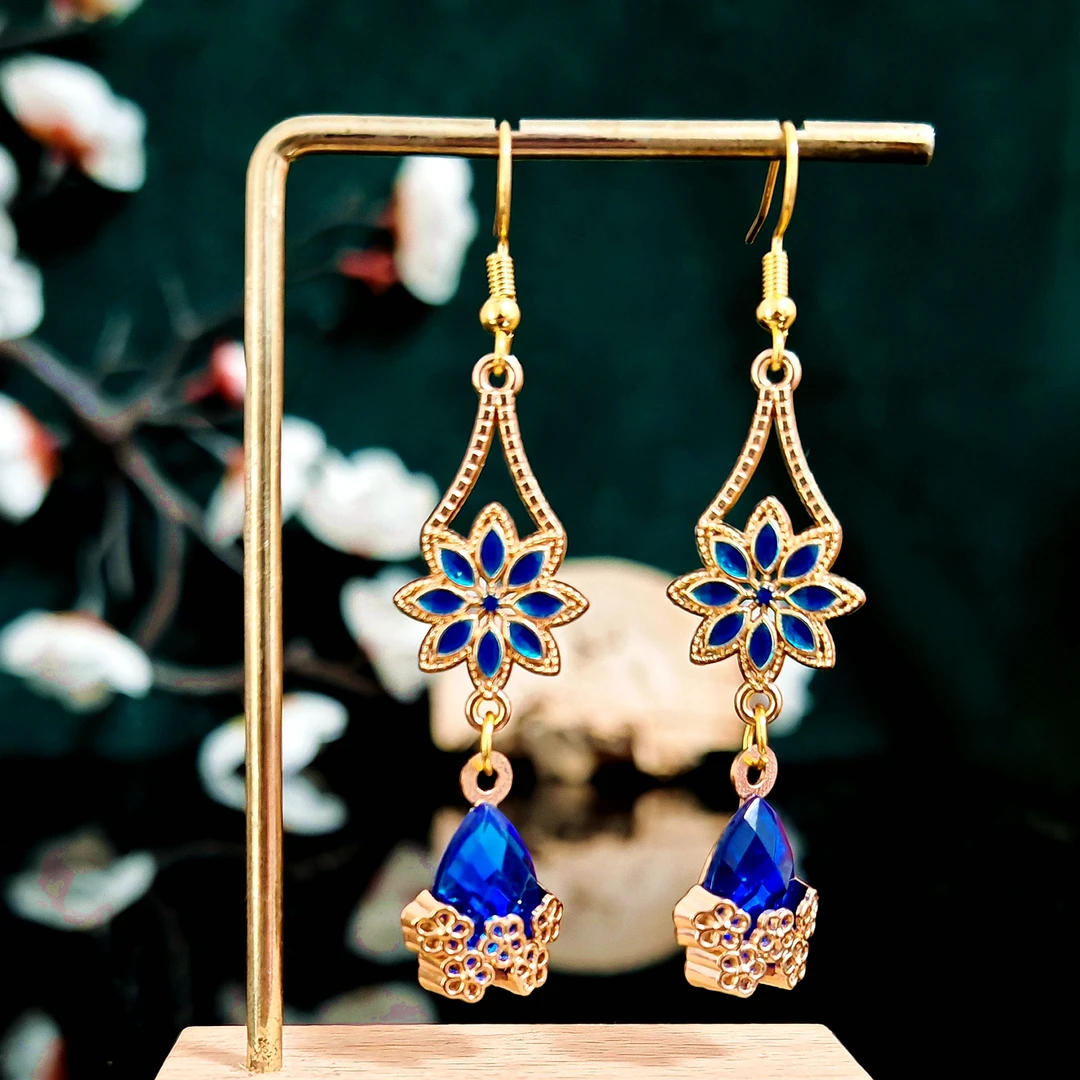 多吉米蓝韵花漪复古新中式耳环耳夹原创配汉服旗袍