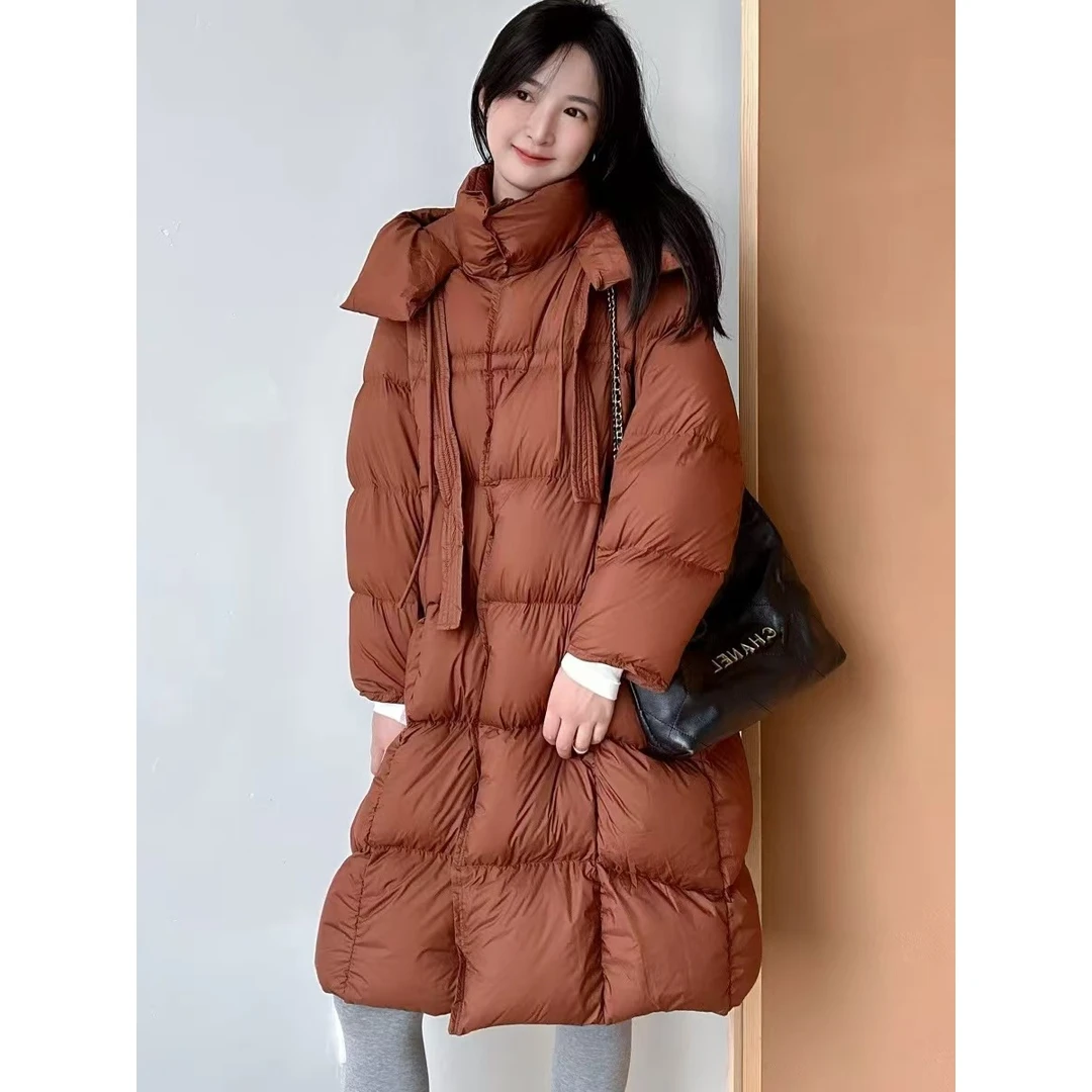 088#独特设计飘带加厚长款羽绒服白鸭绒保暖潮流百搭