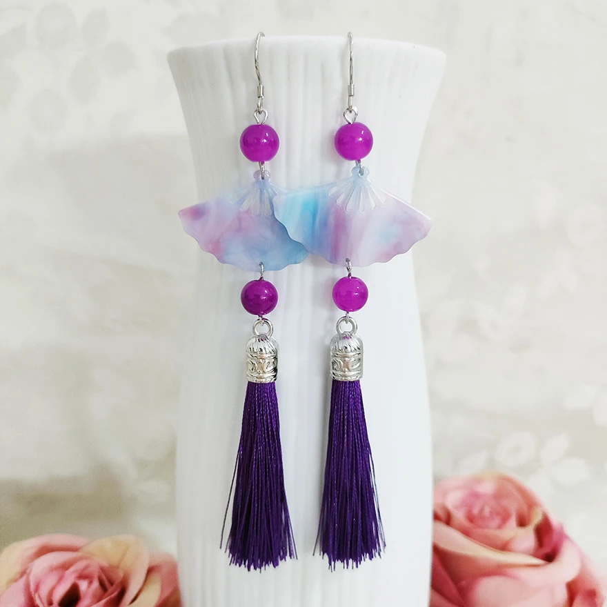 铜合金布艺耳饰 民族风纯手工气质古风扇形流苏耳环长款2066