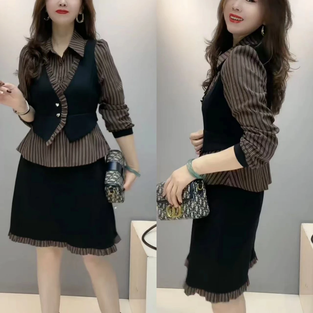 X型长袖衬衫领极简风常规连衣裙修身女装假两件
