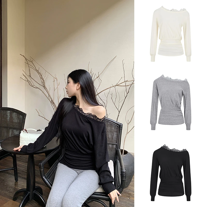 Moses Queen/魔西女王纯欲风露肩蕾丝拼接女春收腰长袖蝙蝠袖上衣