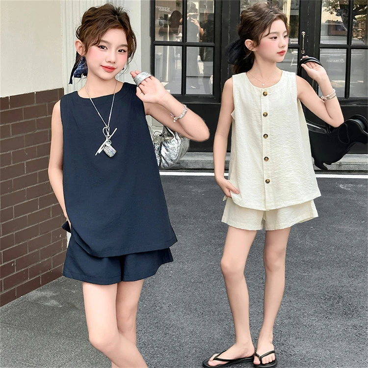 女童纯色森系时尚女孩夏季双面穿无袖儿童短裤套装2025中大童5-15