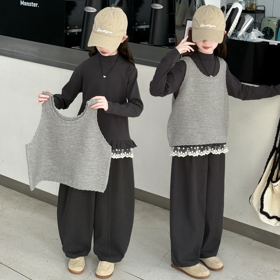 女童秋季新款马甲长裤三件套宽松舒适6-14岁百搭小众气质休闲潮搭