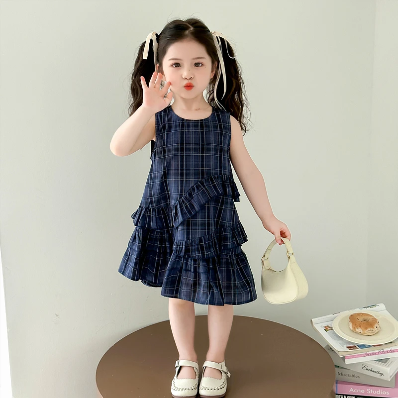 女童洋气不规则背心裙夏季装2025新款儿童女孩格子木耳边公主裙子
