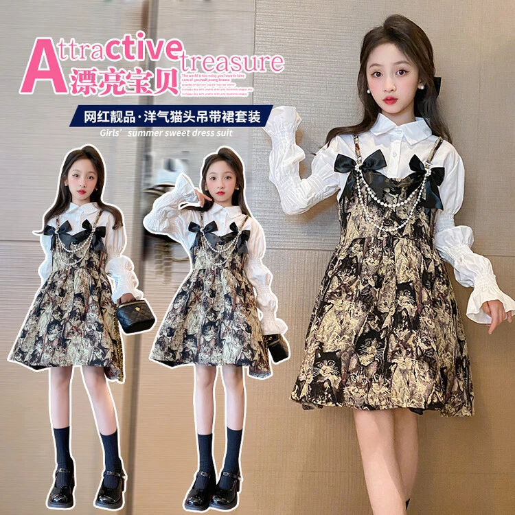 NC091女童猫咪长袖在逃公主裙套装2025春款洋气中大童小女孩潮款