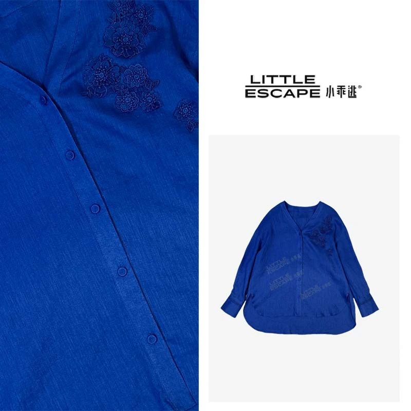 时尚藏蓝V领花朵藏蓝色衬衫长袖套型装上衣衬衣250610