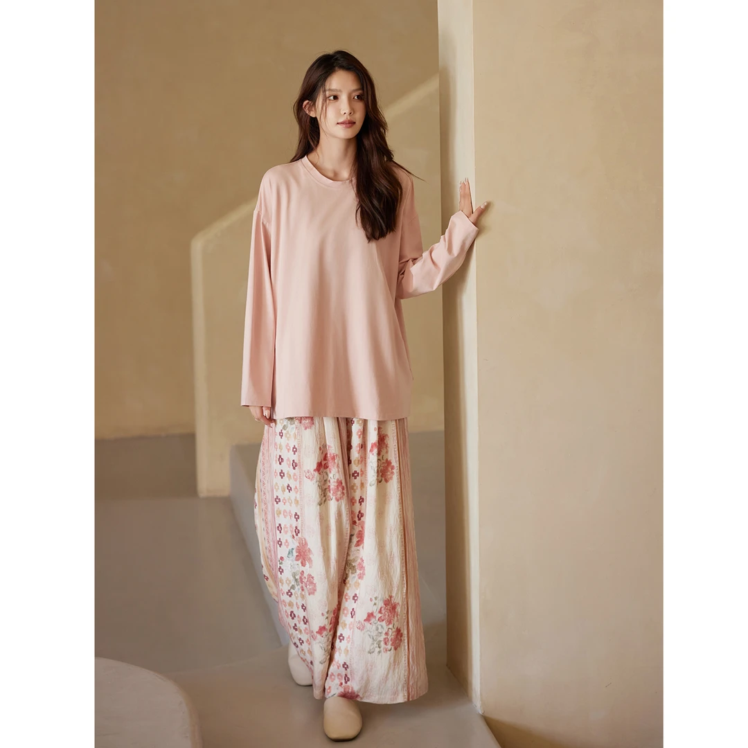 美腾莫代尔棉睡衣女士春秋新款长袖圆领粉色家居服秋冬套装可外穿