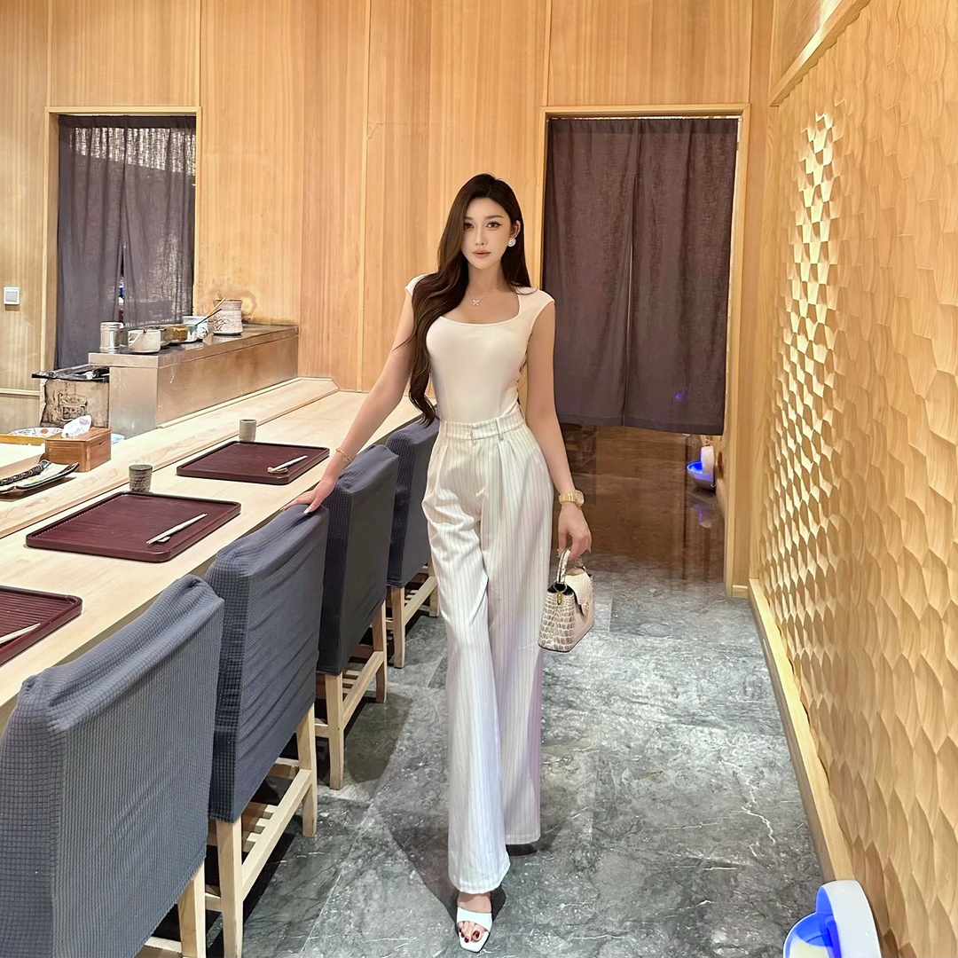 SX善喜白色高腰条纹阔腿西装裤女气质百搭宽松垂感休闲直筒长裤子